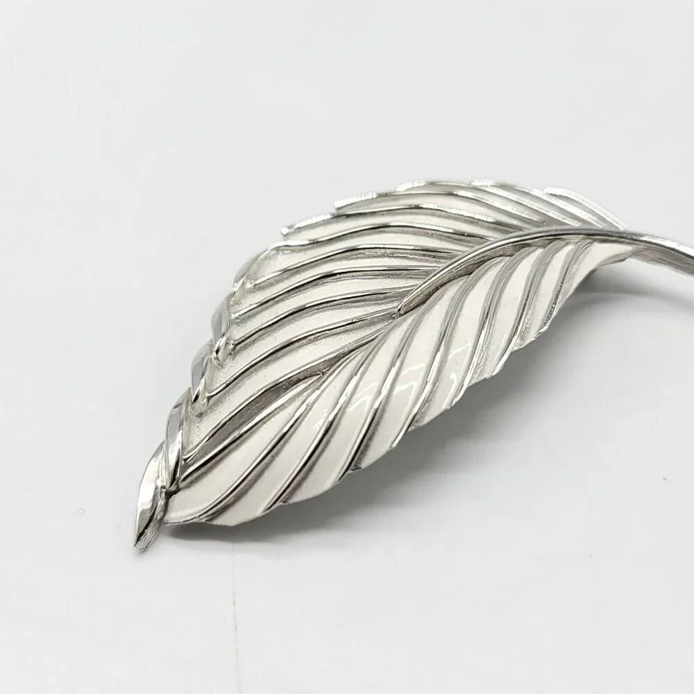 Trifari Silver Tone White Enamel Large Leaf Vintage Brooch 1950s